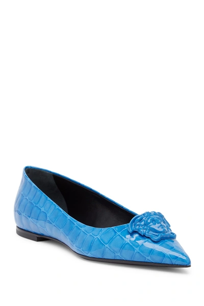 Shop Versace Medusa Croc Embossed Pointed Toe Flat In Staten Blue