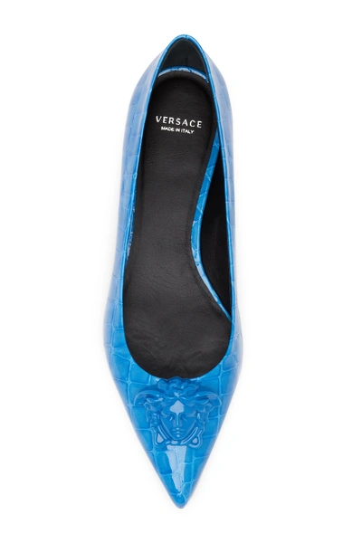 Shop Versace Medusa Croc Embossed Pointed Toe Flat In Staten Blue