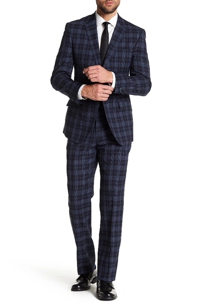 Shop English Laundry Navy Tartan Two Button Notch Lapel Wool Suit In Nvy/tart
