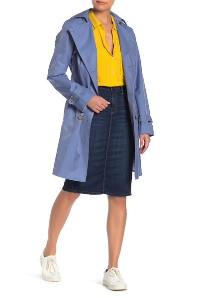 Shop Cole Haan Belted Hooded Trench Coat In Dusty Blue