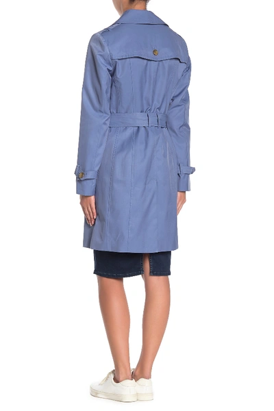 Shop Cole Haan Belted Hooded Trench Coat In Dusty Blue