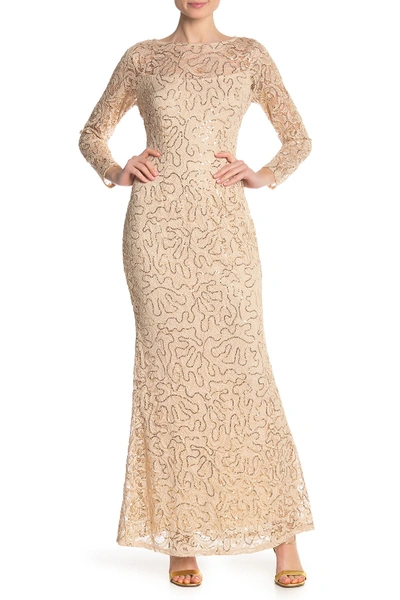 Shop Marina Sequin Lace Long Sleeve Gown In Vanilla