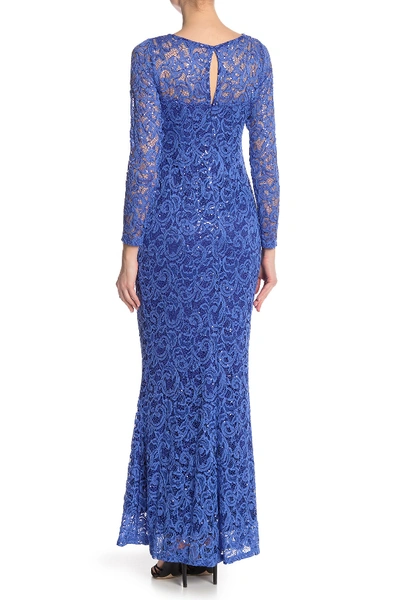 Shop Marina Sequin Lace Long Sleeve Gown In Peri