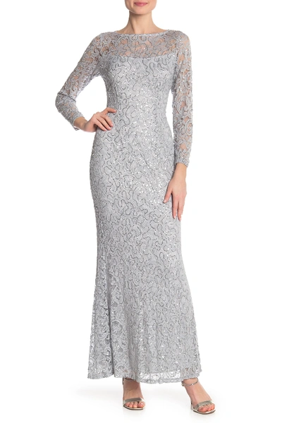 Shop Marina Sequin Lace Long Sleeve Gown In Sil