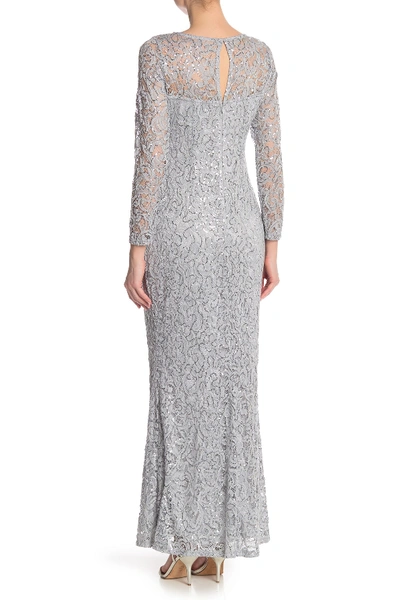 Shop Marina Sequin Lace Long Sleeve Gown In Sil