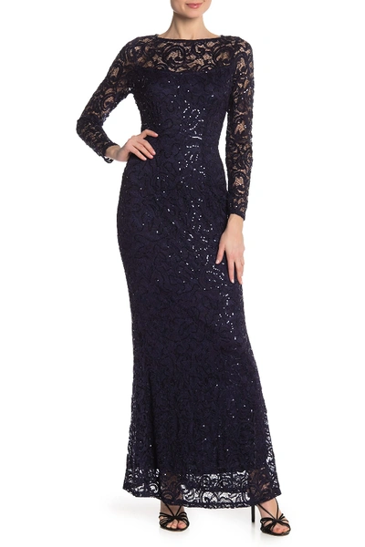 Shop Marina Sequin Lace Long Sleeve Gown In Nvy