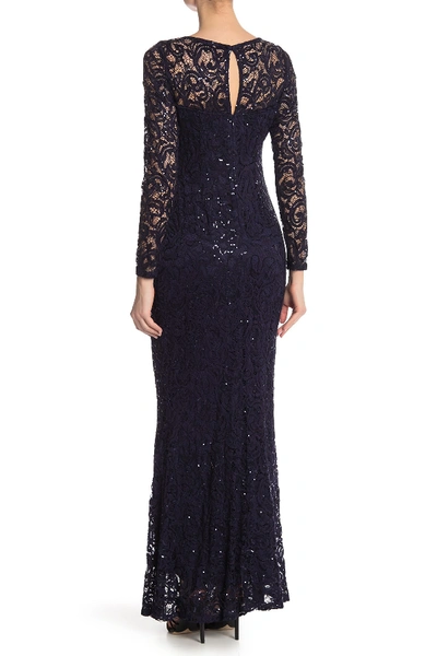 Shop Marina Sequin Lace Long Sleeve Gown In Nvy