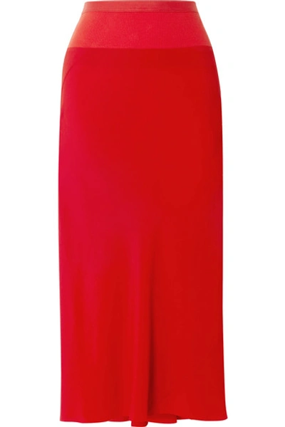Shop Rick Owens Ribbed Knit-trimmed Crepe De Chine Midi Skirt In Red