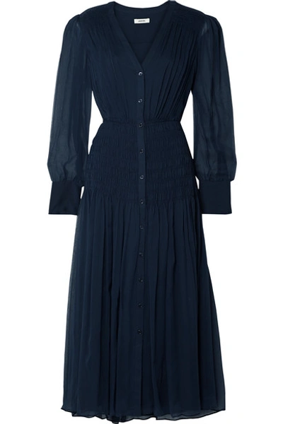 Shop Jason Wu Shirred Crinkled Silk-chiffon Midi Dress In Midnight Blue