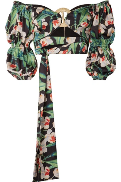 Shop Patbo Cropped Off-the-shoulder Floral-print Satin Top In Green