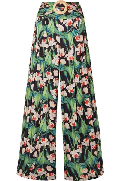 Shop Patbo Belted Pleated Floral-print Satin Wide-leg Pants In Green