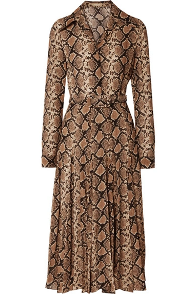 Shop Michael Kors Belted Snake-print Silk-crepe Midi Dress In Snake Print