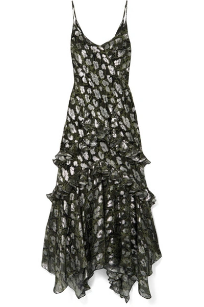 Shop Michael Kors Ruffled Metallic Fil Coupé Silk-blend Chiffon Midi Dress In Black