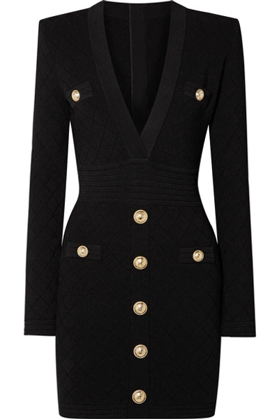 Shop Balmain Button-embellished Stretch Jacquard-knit Mini Dress In Black