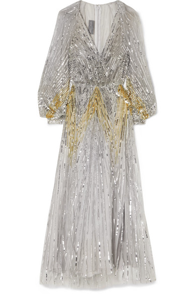 Monique Lhuillier Sequin-Embellished Chiffon Dress In Silver | ModeSens