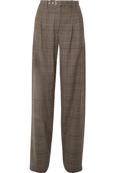 Shop Proenza Schouler Belted Pleated Checked Wool-blend Wide-leg Pants In Brown