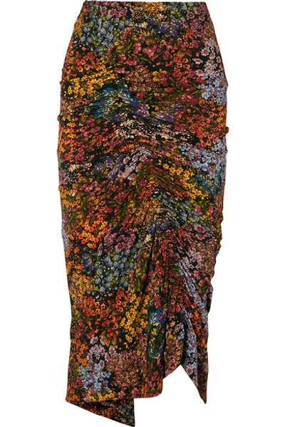 Shop Preen By Thornton Bregazzi Aaliyah Ruched Floral-print Stretch-crepe Midi Skirt In Brown
