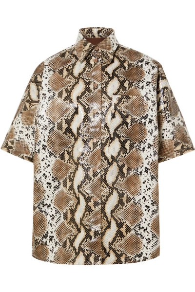 Pushbutton Snake-effect Faux Leather Shirt In Snake Print