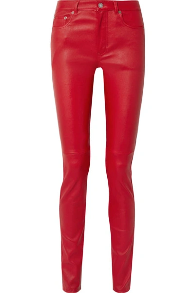 Shop Saint Laurent Leather Skinny Pants In Red
