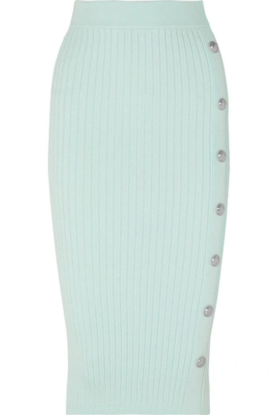 Shop Balmain Button-embellished Ribbed Stretch-knit Midi Skirt In Light Green