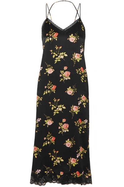 Shop R13 Lace-trimmed Floral-print Silk-satin Midi Dress In Black