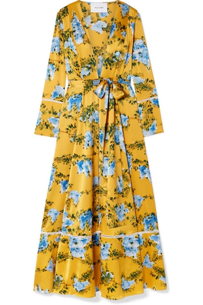 Shop We Are Leone Crochet-trimmed Floral-print Silk-blend Satin Robe In Yellow