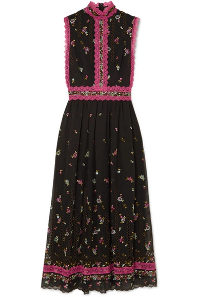 Shop Costarellos Lace-trimmed Embroidered Silk-blend Tulle Midi Dress In Black