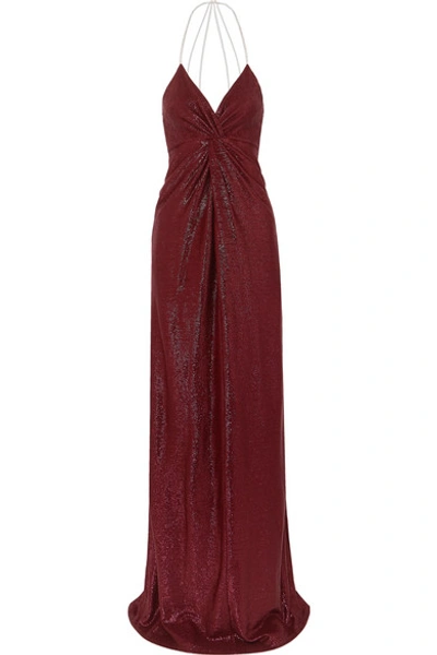 Shop Michelle Mason Twist-front Crystal-embellished Lurex Gown In Burgundy