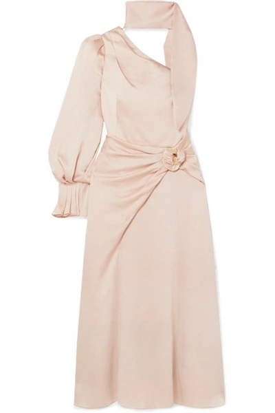 Shop Peter Pilotto One-sleeve Hammered-satin Midi Dress In Cream