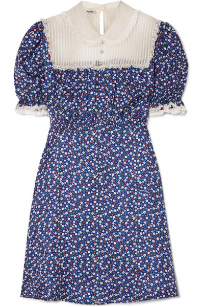 Shop Miu Miu Lace-trimmed Floral-print Silk-satin And Silk-georgette Mini Dress In Blue