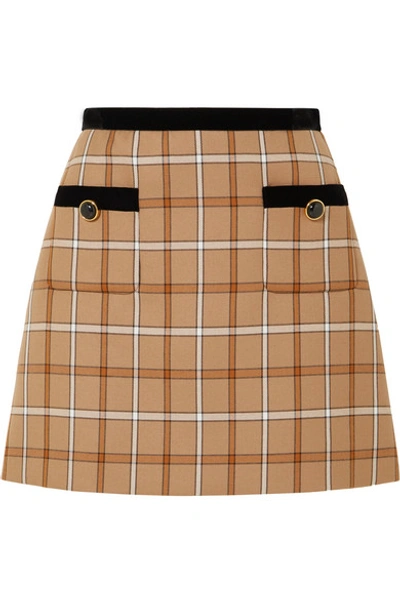 Shop Miu Miu Velvet-trimmed Checked Woven Mini Skirt In Beige