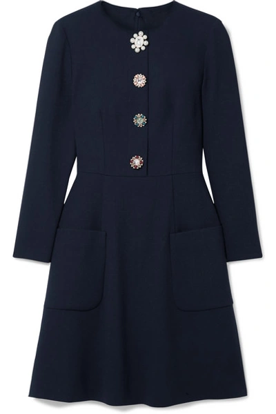 Shop Lela Rose Embellished Wool-blend Crepe Dress In Midnight Blue