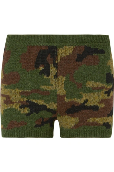 Shop Miu Miu Camouflage-intarsia Wool Shorts In Army Green