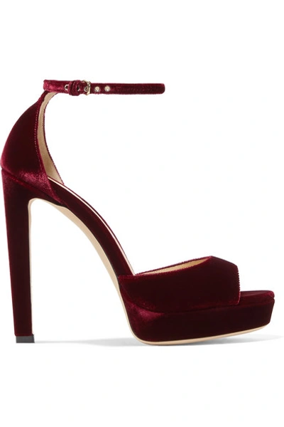 Shop Jimmy Choo Pattie 130 Velvet Platform Sandals In Merlot