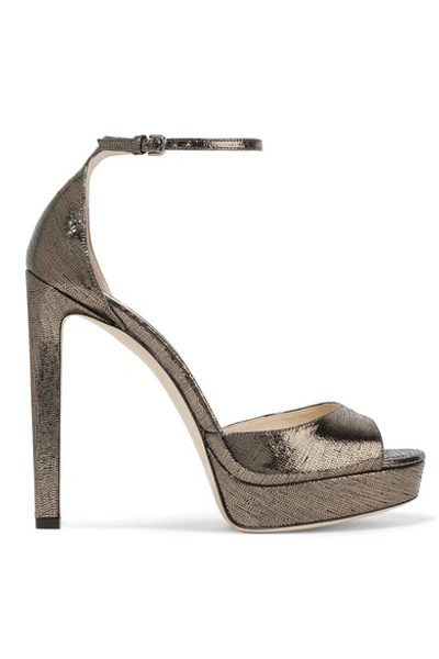 Shop Jimmy Choo Pattie 130 Metallic Lizard-effect Leather Platform Sandals In Gunmetal