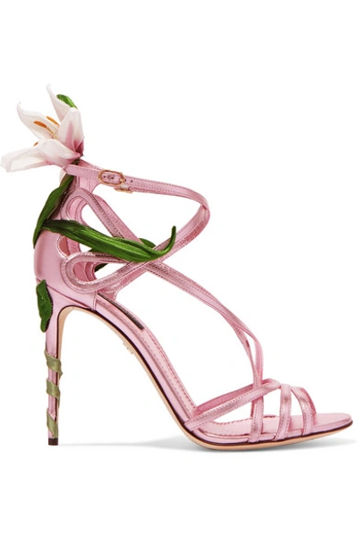 Shop Dolce & Gabbana Floral-appliquéd Metallic Leather Sandals In Pink
