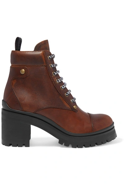 Shop Miu Miu Lace-up Leather Ankle Boots In Brown