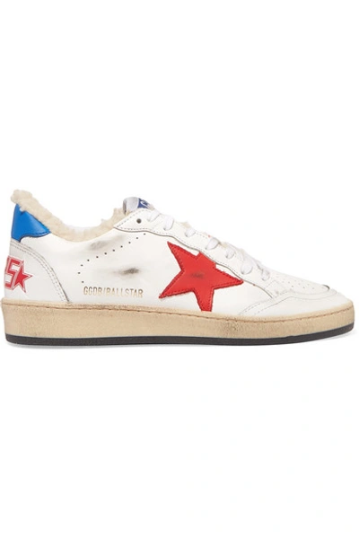 Shop Golden Goose Ball Star Shearling-lined Distressed Leather Sneakers In White