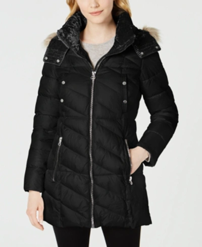 Shop Marc New York Velvet-trim Faux-fur Hooded Puffer Coat In Black