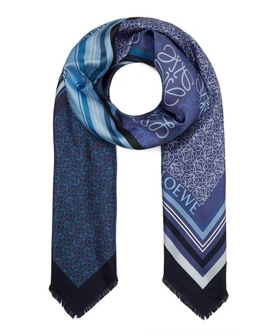 Shop Loewe Logo Print Patchwork Scarf In Blue