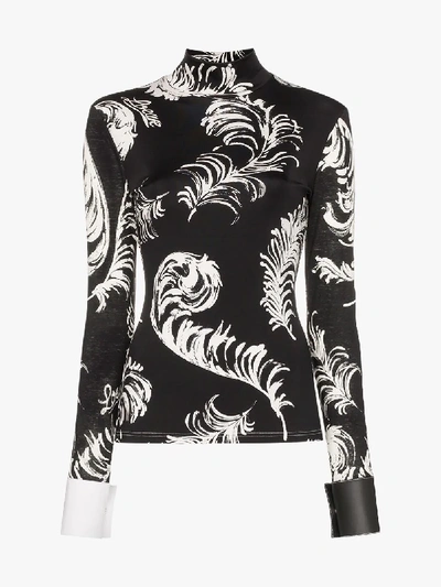 Shop Loewe Feather Print Contrast Leather Cuff Top In Black