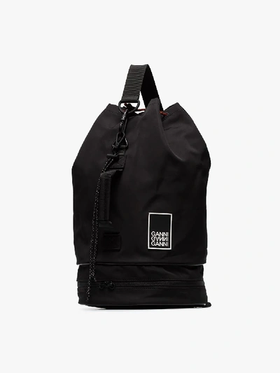 Shop Ganni Black Triple Strap Drawstring Backpack
