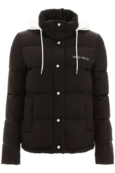 Shop Miu Miu Logo Puffer Jacket With Crystals In Nero (black)