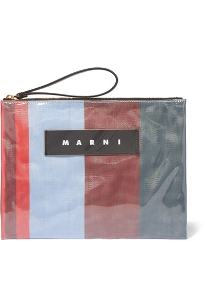 Shop Marni Leather-trimmed Pvc And Striped Canvas Pouch In Blue