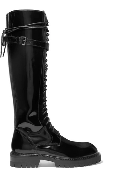 Shop Ann Demeulemeester Lace-up Glossed-leather Knee Boots In Black