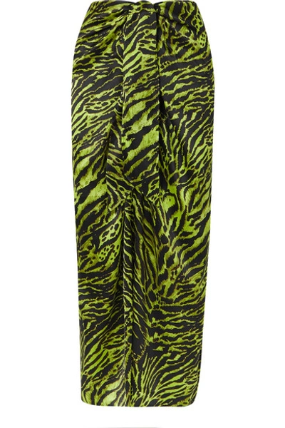 Shop Ganni Tie-front Tiger-print Silk-blend Satin Midi Skirt In Green