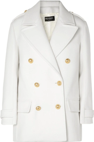 Shop Balmain Button-embellished Double-breasted Wool Coat In White