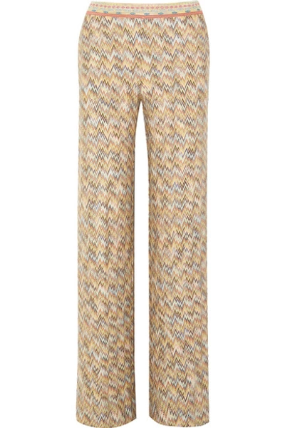 Shop Missoni Crochet-knit Wool Wide-leg Pants In Light Green