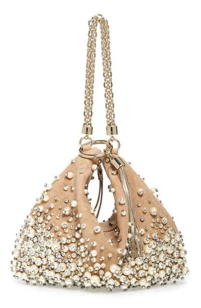 Shop Jimmy Choo Callie Degrade Imitation Pearl Embellished Suede Clutch In Nude