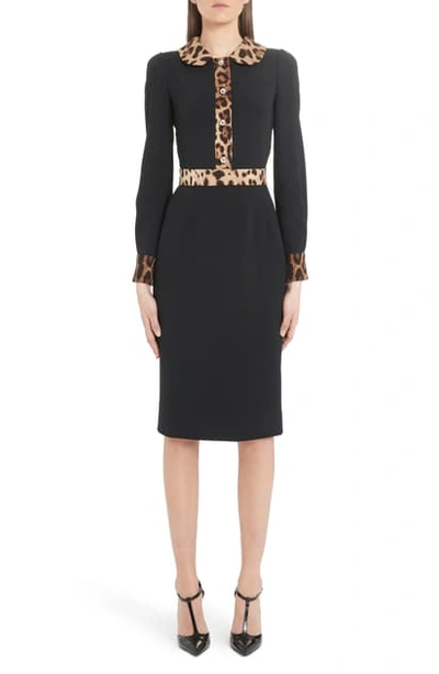 Shop Dolce & Gabbana Leopard Trim Long Sleeve Sheath Dress In Black